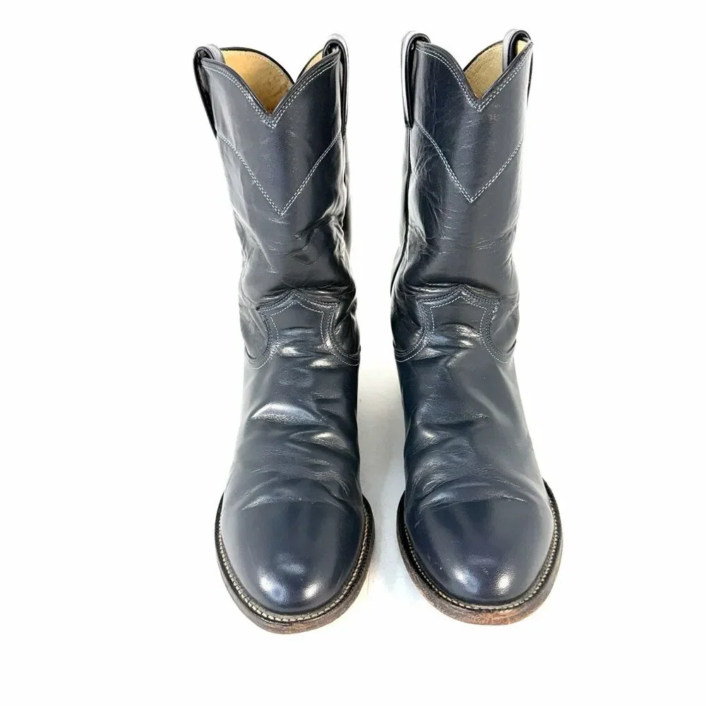 Vintage Justin Roper Men’s 8.5D Cowboy Western Boots Dark Blue Gray Leather 3024